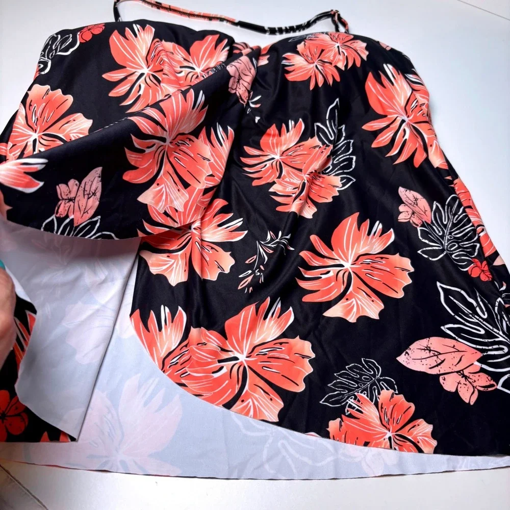 Floral Tankini L Swim‎ Top Halter Neck Black Coral Pink Hawaiian Tropical Swim